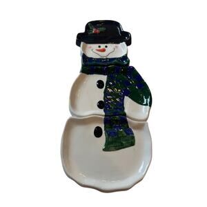 Vtg 3pc Snowman Snack Tray Ceramic White New